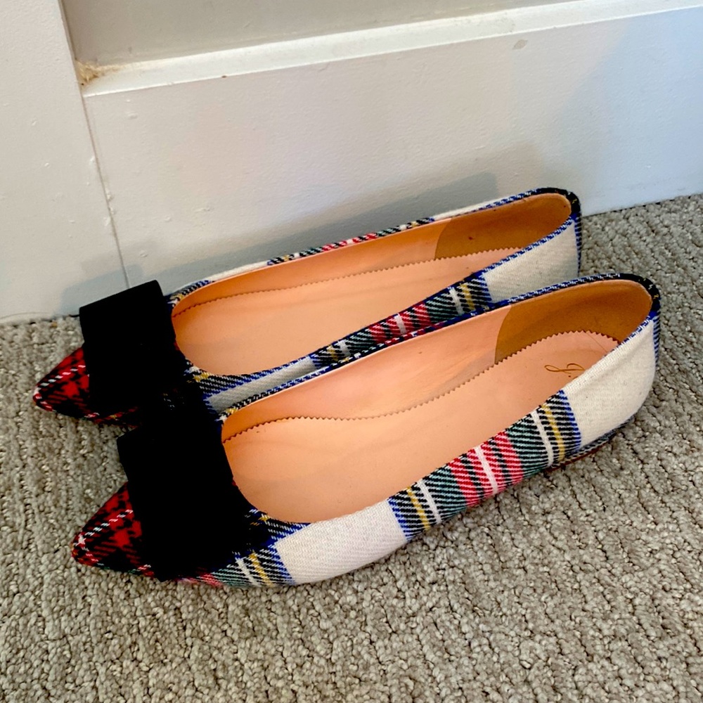 J. Crew Tartan Plaid Pointed-Toe Flats with Black Bow